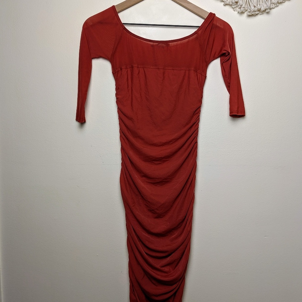 Missguided | Bardot Rushed Mesh Midi Dress